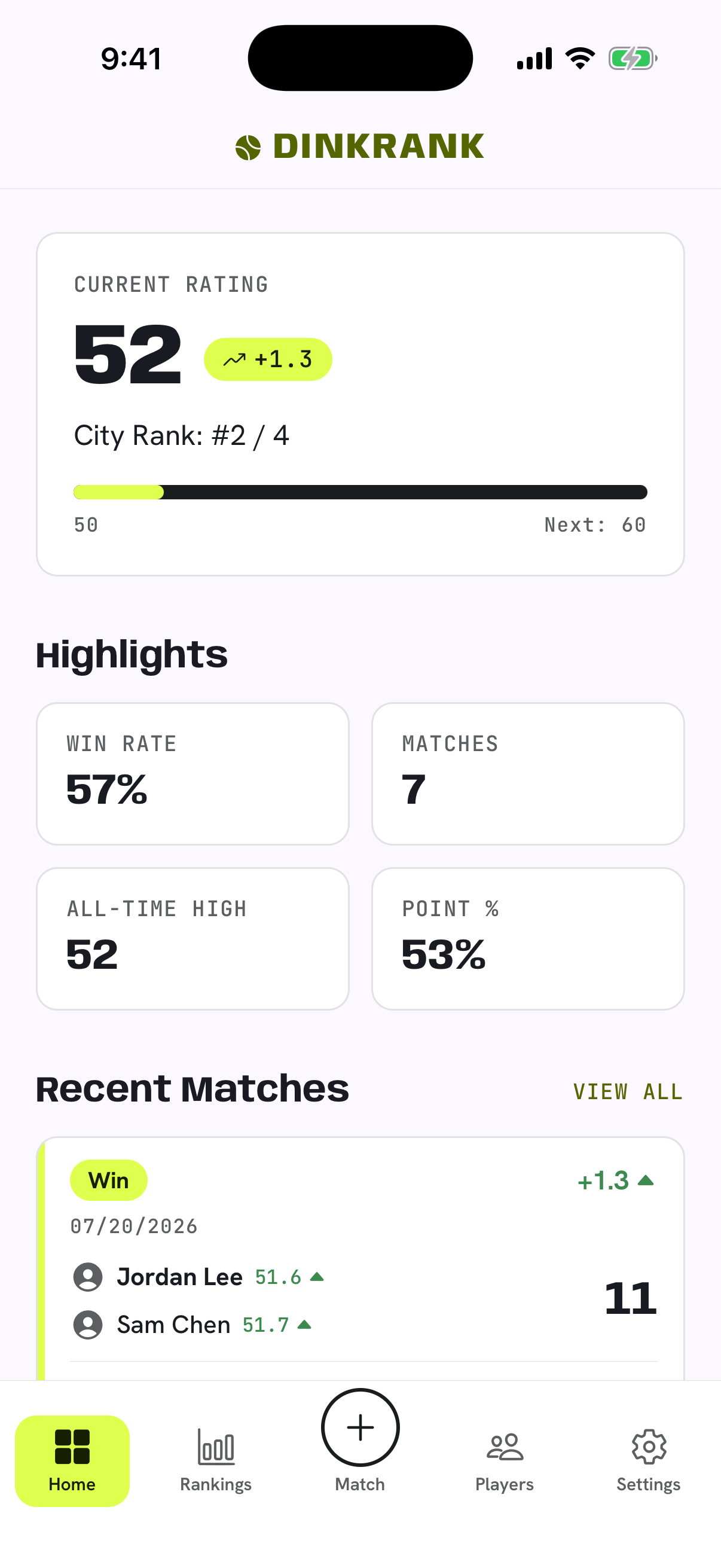 DinkRank home screen showing current rating, Highlights, and recent matches